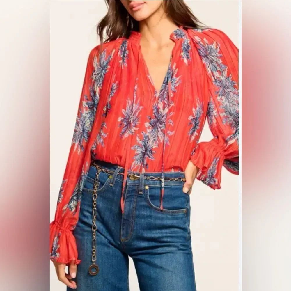 Ramy Brook Vibrant Red Floral Blouse, XXS (US2)
